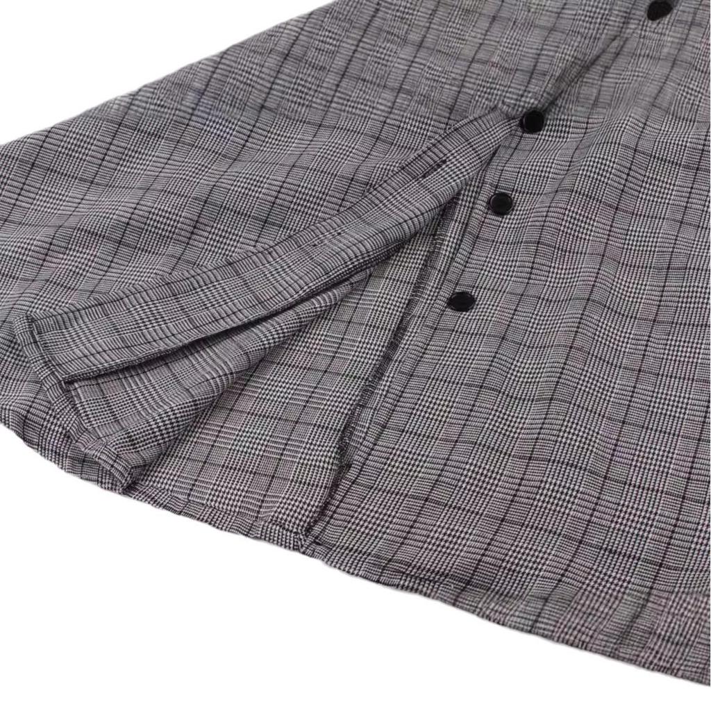 Retro Women's Plaid Dress with Turn-Down Collar, Short Sleeves, Single-Breasted Design, and Pockets In Hepburn Style.