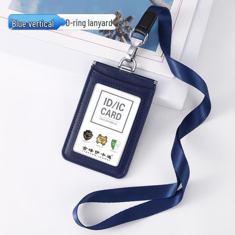 Premium Anti-Interference Leather ID Card Holder with Retractable Lanyard and Multiple Card Slots