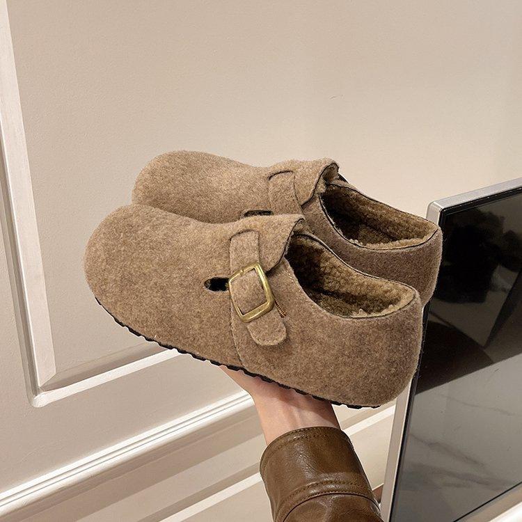Autumn and Winter Retro Wide Head Plush Cotton Shoes, One Step Plush Casual Women's Shoes, Korean Round Head Warm Casual Shoes
