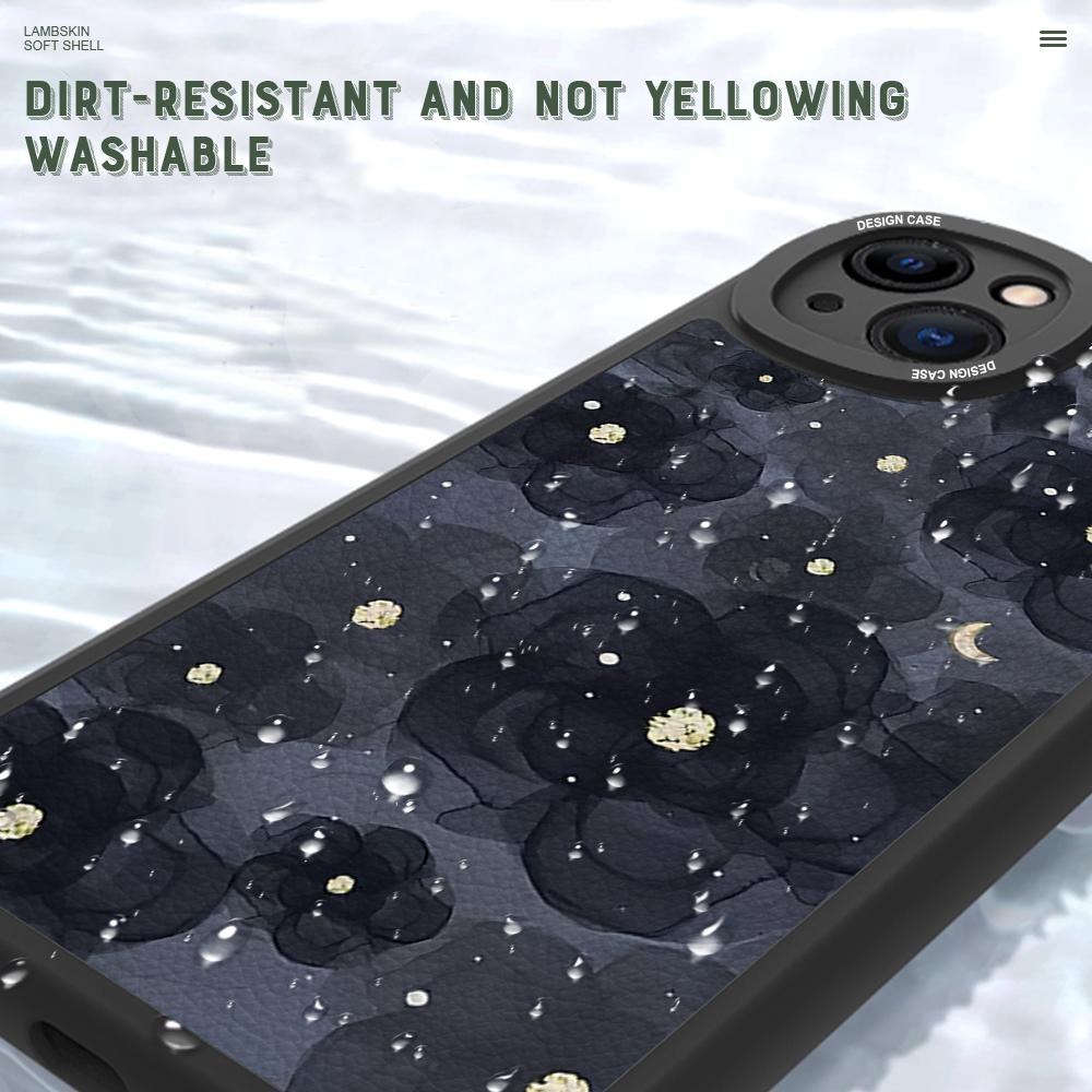 Slim Skin Feeling Black Camellia Pattern Soft Silicone PU Leather Cover Phone Case for iPhone Samsung Huawei Honor Xiaomi Redmi OPPO Realme Vivo