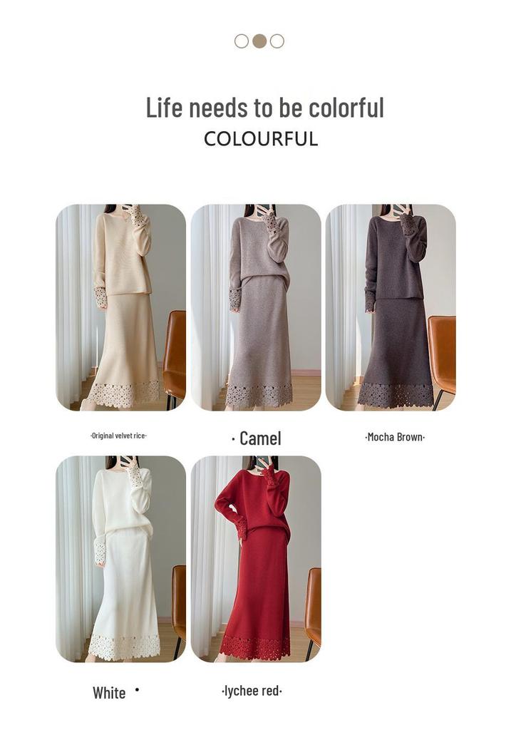 2025 Winter One-Shoulder Wool Sweater: Women's Loose Hollow Crochet Top & Gentle Style Two-Piece Set