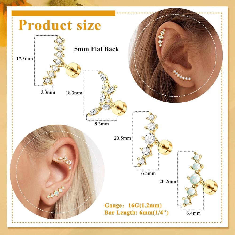 Bobisty 1pc 16G Cartilage Earring Stainless Steel Opal CZ Earrings Flat Back Cartilage Conch Helix Piercing Jewelry for Women