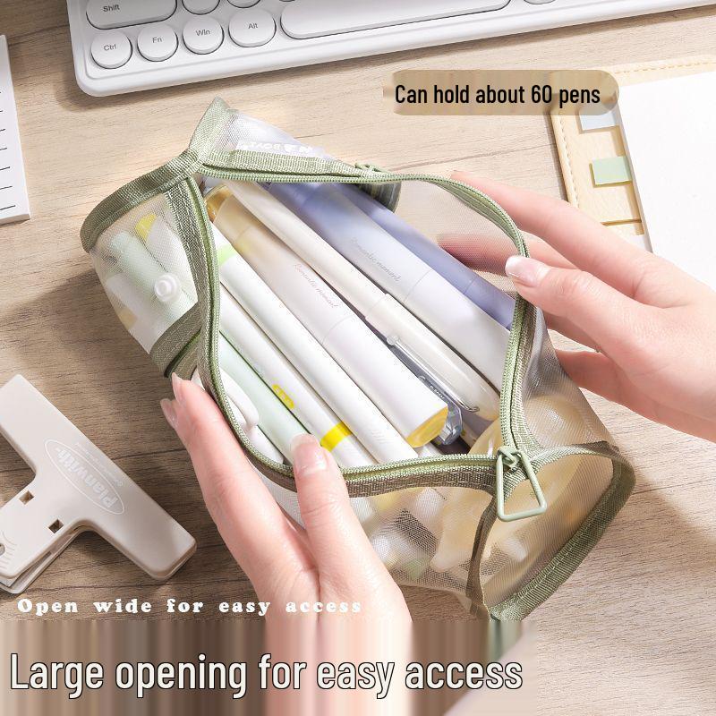 Dual-Use Transparent Mesh Pencil Case: Large Capacity, Detachable Holder for Students