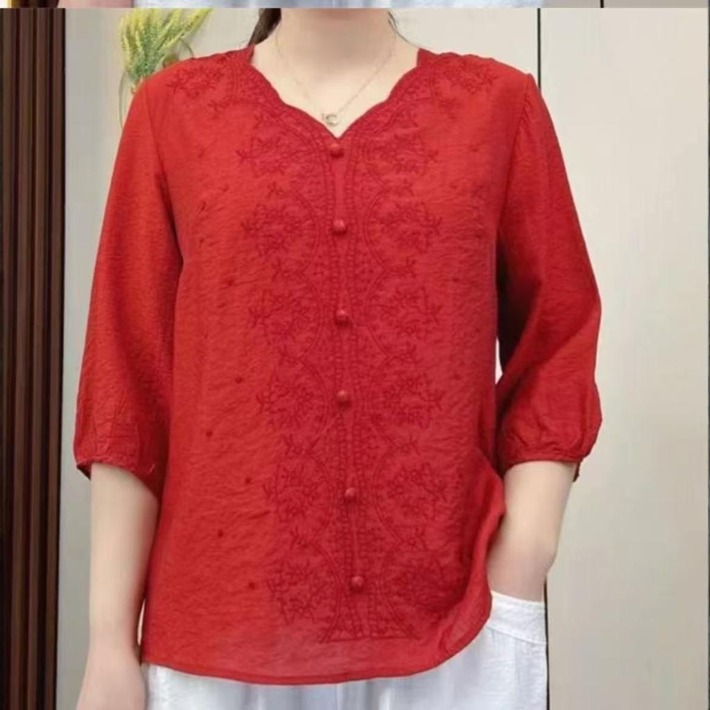 Women's Cotton And Linen V-neck Short-sleeved Fashionable Casual Loose Plus-size Top