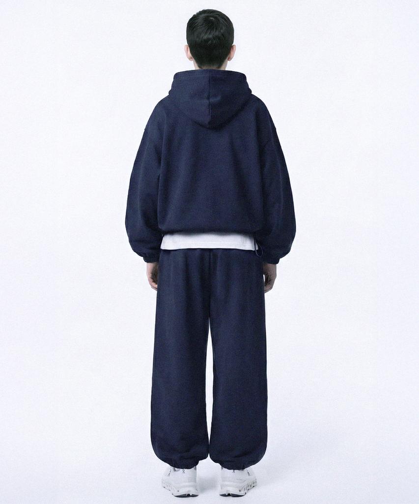Prinoar [Set] String Oversized Two-Way Zip-Up Hoodie + Single-Pleat Wide Pants - Navy