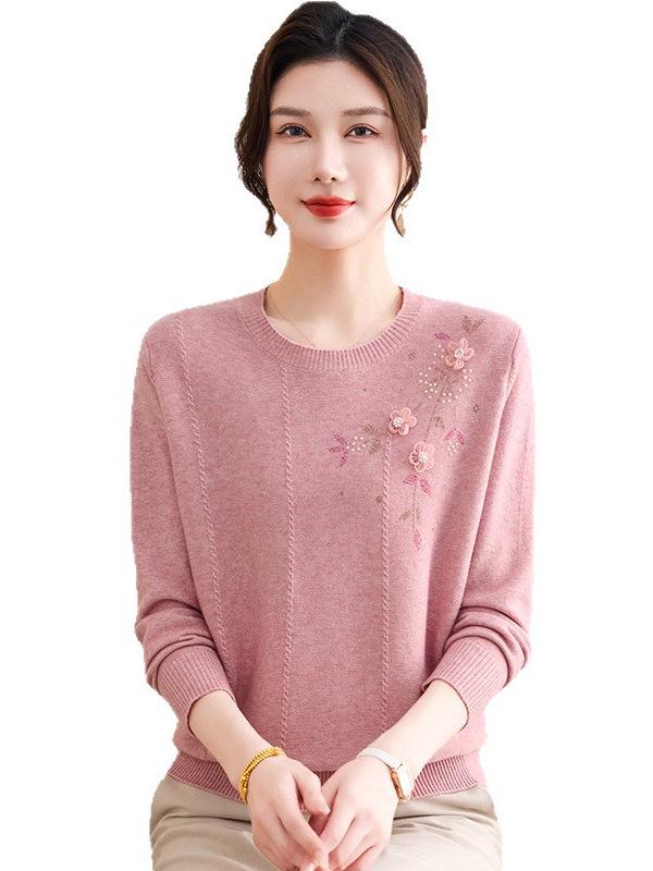 Mom's Spring Chic Knit Top: Fashionable Round Neck Long Sleeve Sweater for Middle-Aged & Elderly Women