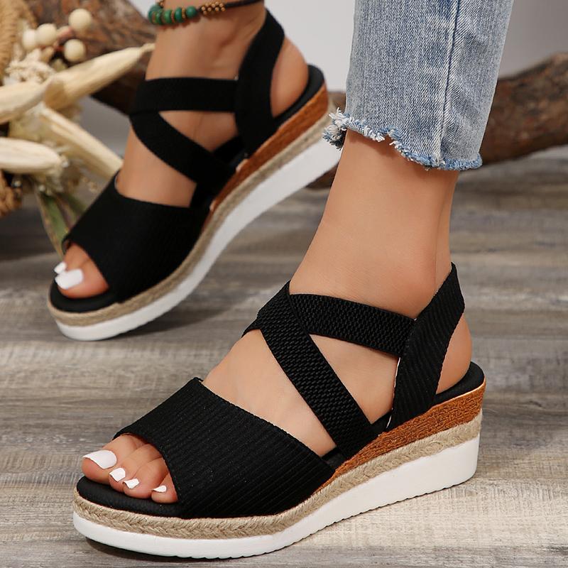 Fashion Ankle Cross Band Wedges Women's Sandals Elastic Strap Solid Non Slip Platform Sandalias Outdoor Soft Comfortable Ladies Zapatos