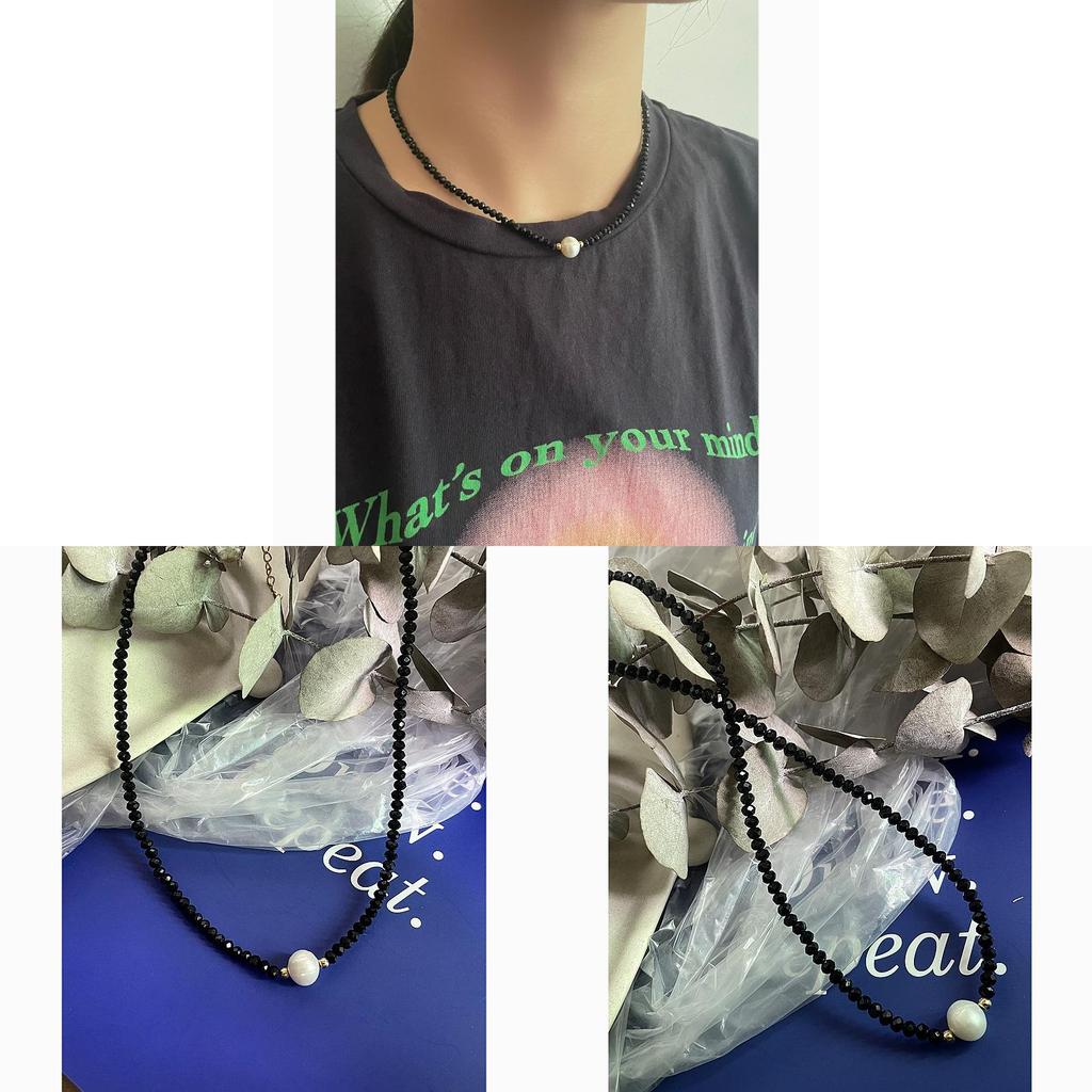 Elegant Black Water Crystal Pearl Necklace For Women With Geometric Chain Pendant