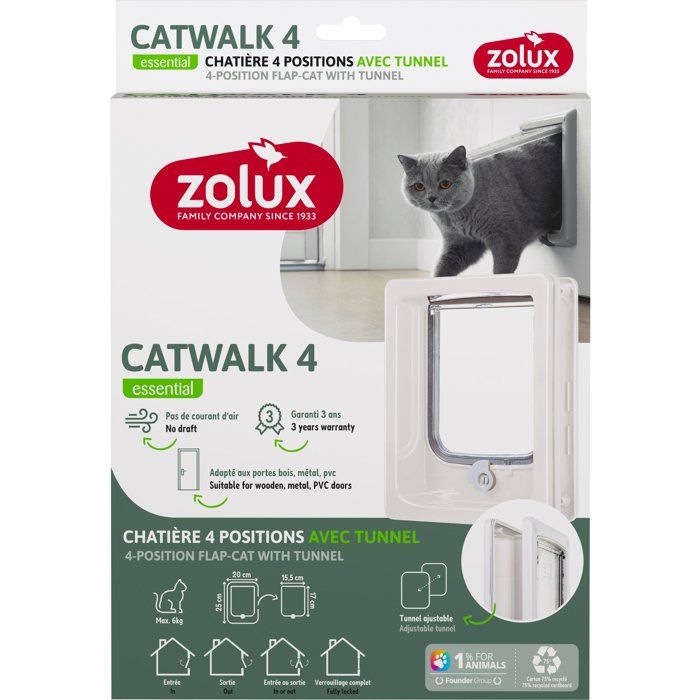 4-position Cat Flap with Tunnel - ZOLUX - W20 X H25 Cm - For Wood, PVC, Metal Doors - Catwalk - White