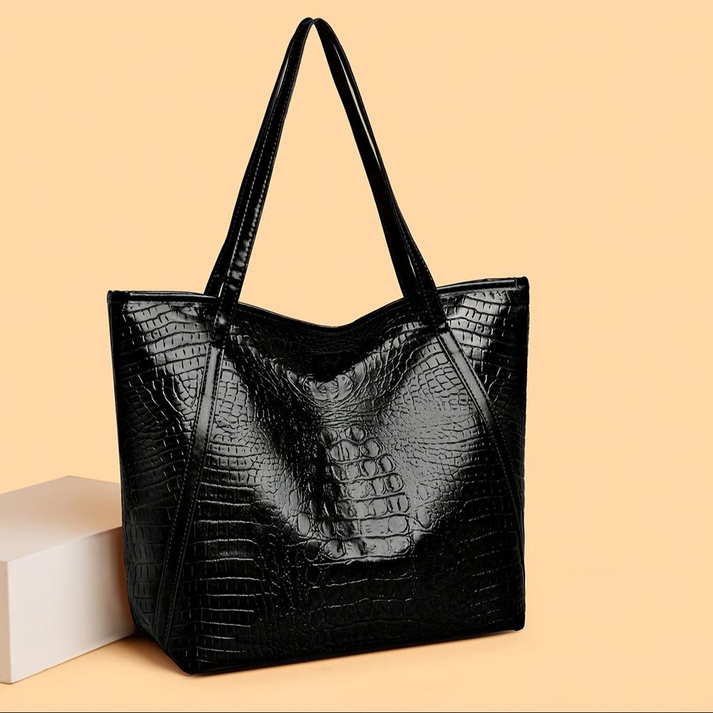Large Stylish Black Crocodile Print PU Tote Bag for Women Stylish Handbag Shoulder Bag, Perfect for Shopping, Dates, Parties