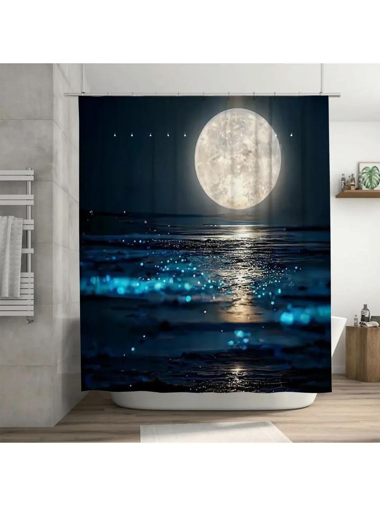 Full Moon Over Ocean Design Waterproof Shower Curtain Heat Resistant Machine Washable Non-Transparent 180x180cm