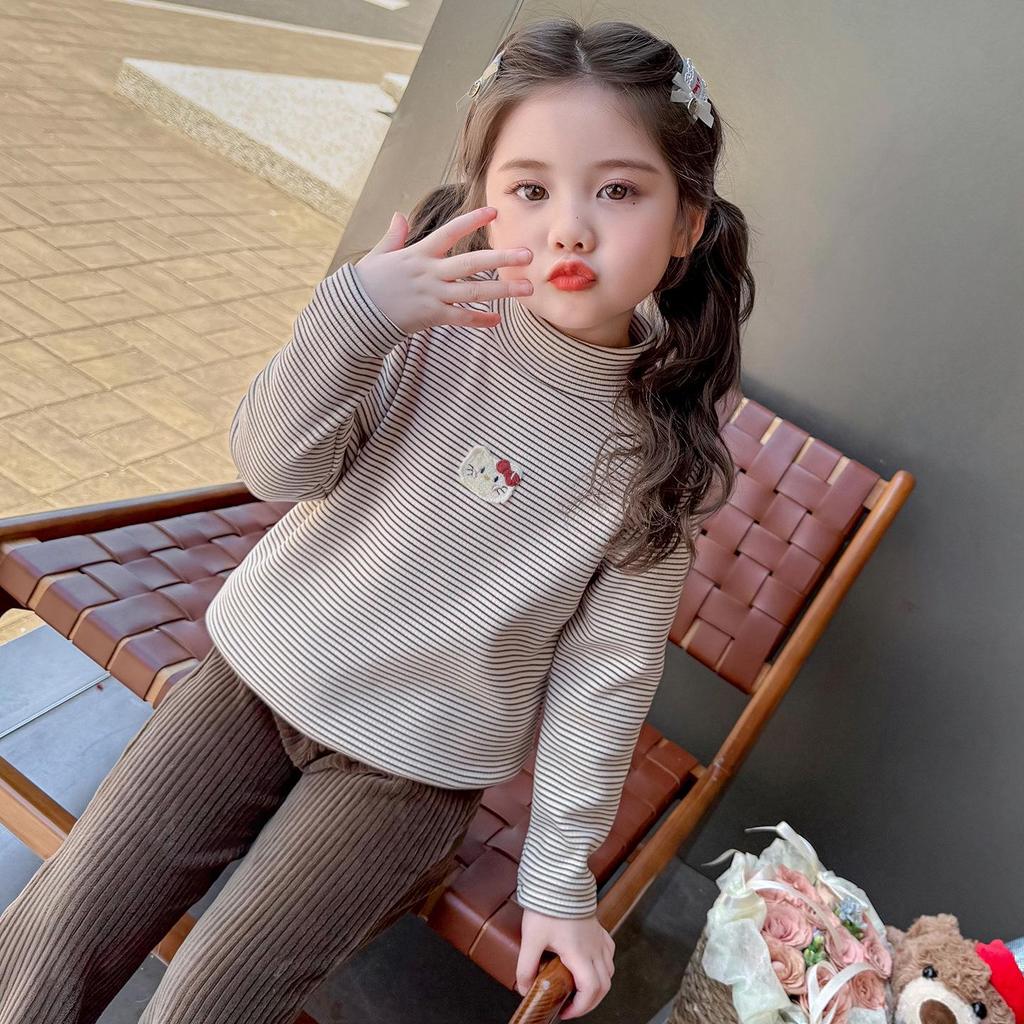 Girls' Fleece-Lined Long-Sleeve T-Shirt - Autumn/Winter Semi-High Collar Top