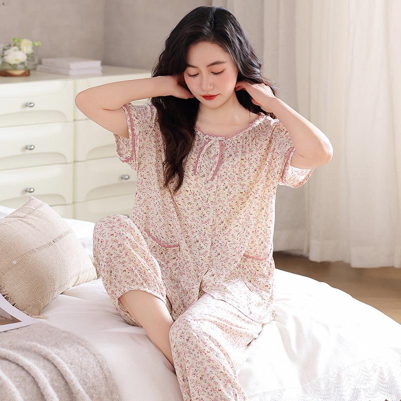 Woven cotton gauze pajamas women's summer pure cotton cropped pants autumn cotton large size summer thin loungewear