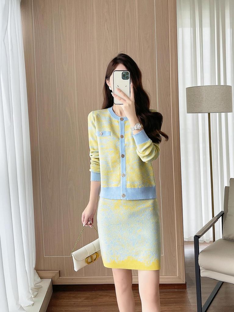 Thirteenth Street Women's High-End Fashion Knit Cardigan & Midi Skirt Set for Autumn/Winter.