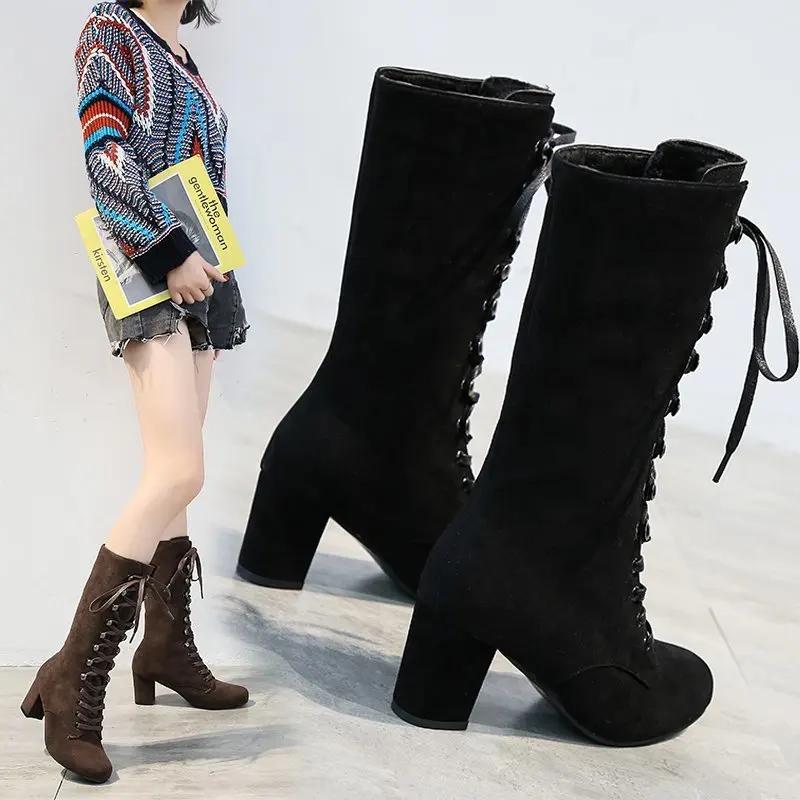 Winter Women Boots Shoes Fashion Vintage Lace-up Boots Women Round Cowboy High Heels Booties Shoes Woman Botas Mujer