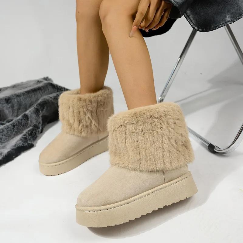Fashion Fashionable Women's Round Toe Warm Thickened Plush Winter Mid-calf Boots Thick Sole Casual Comfortable Anti-slip Women Snow Boot