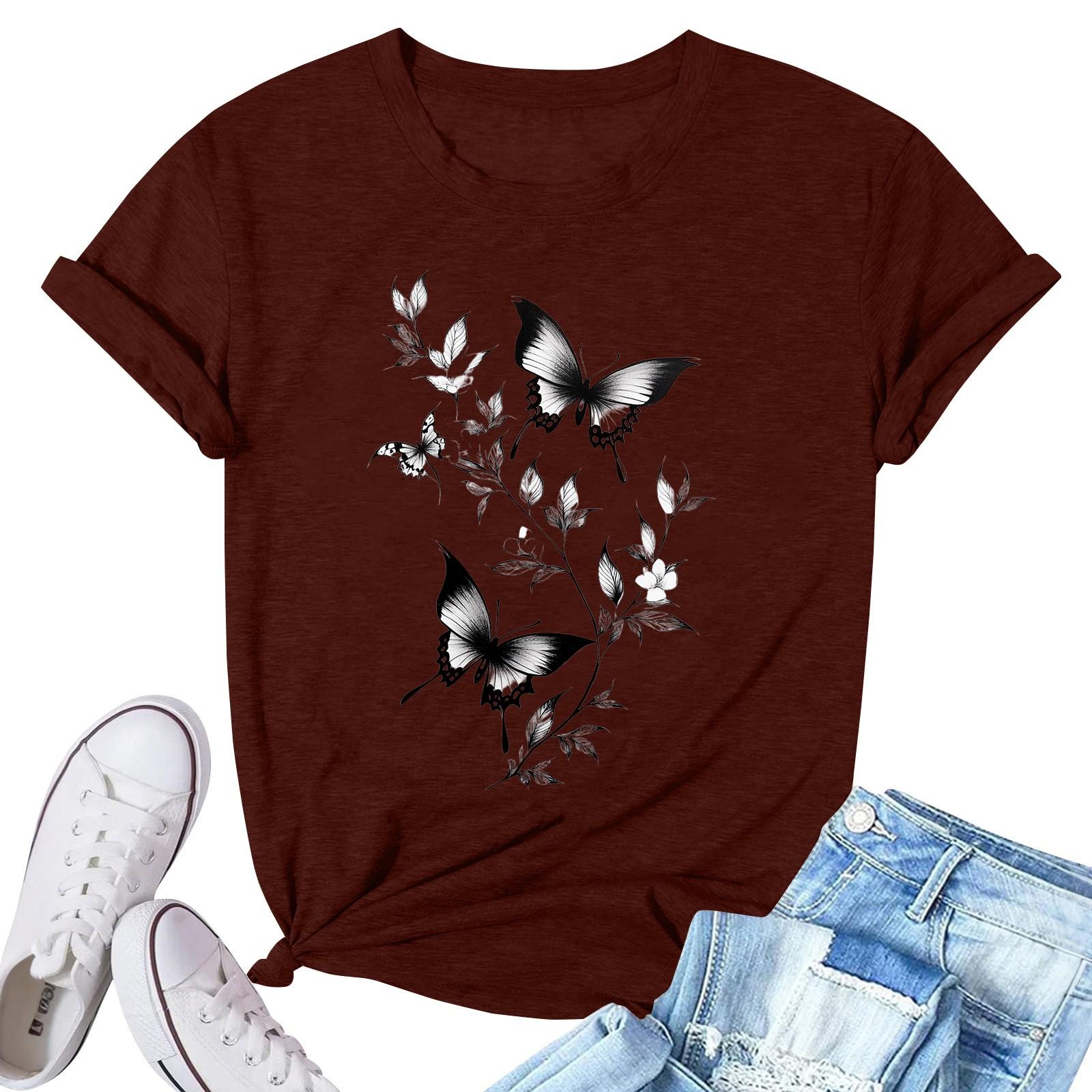 Women s Fashion Printed Casual Pleated Round Short Sleeve T-Shirt Top S винный