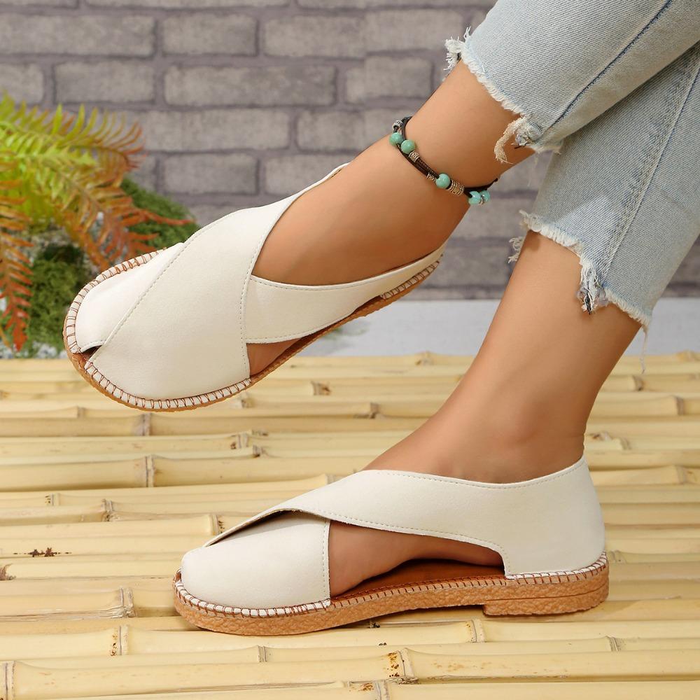 Fashion Women Summer Flat Hollow Sandals French Retro Open Toe Slide Sandals