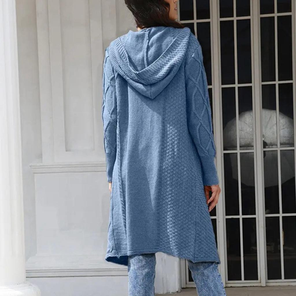 Women's Loose Knitted Mid-length Hooded Cardigan Cable Coat