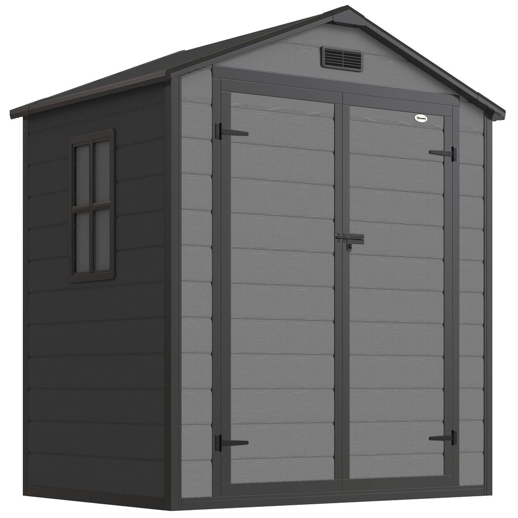 6'x4.5' Garden Storage Shed, Lockable Garden Shed with Double Doors, Window, Vent and Plastic Roof, Dark Grey