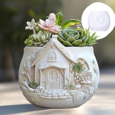 Witch Magic House Relief Pumpkin Succulent Plant Flower Pot Resin Mold House Relief Storage Box Castle Candle Cup Gypsum Molds