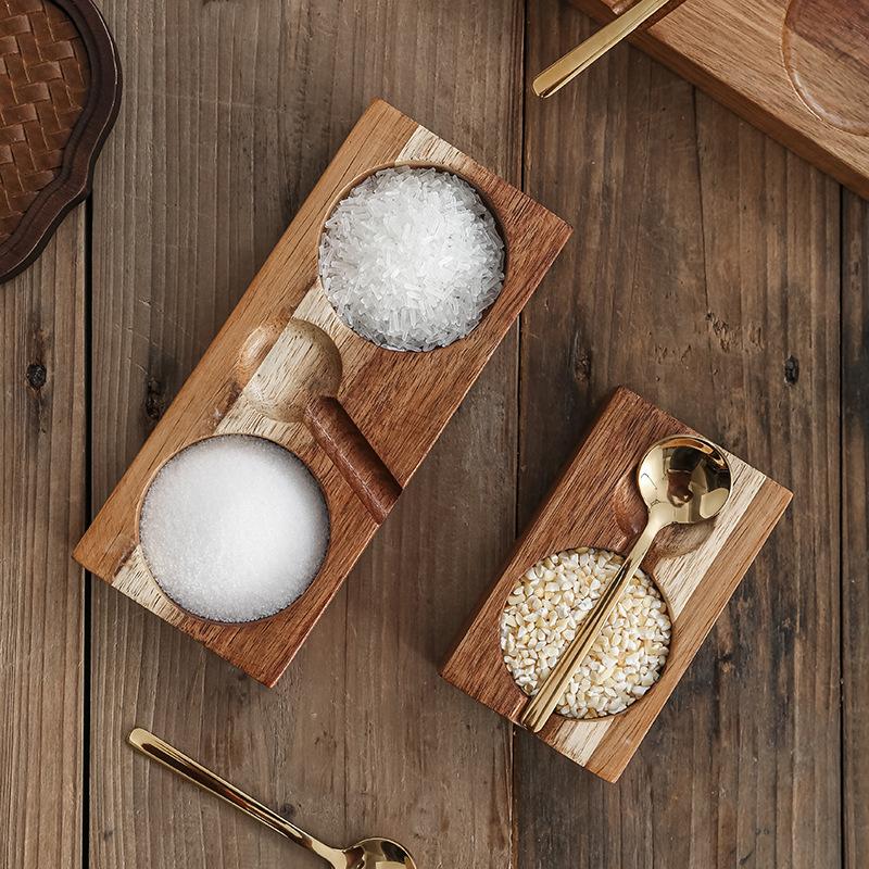 Natural Solid Wood Condiment Tray, Compartmented Serving Dish with Spoons for BBQ Dipping Sauces and Table Organization