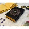 Luna Moon Moth Leather Journal – Handmade Vintage Diary with Botanical & Mushroom Art, Antique Lock, Yellow Deckle Pages