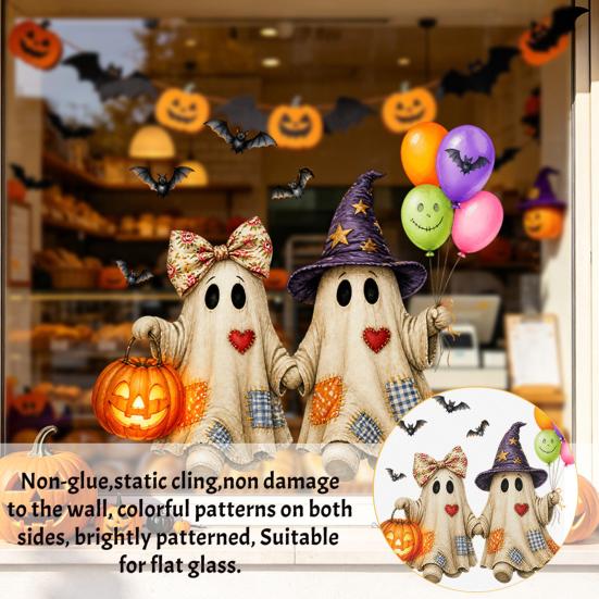 Halloween Window Cling Vintage Patch Ghost Static Clings, Thanksgiving Pumpkin Bow Maple Leaf Autumn Home Decoration Glass Stickers, Reusable