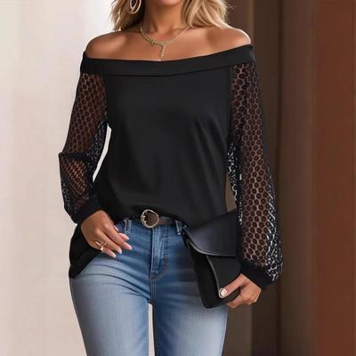 Spring/Summer 2026 Solid Color French Lace Patchwork Lantern Sleeve Crossover Women's T-Shirt