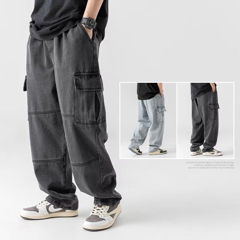 Spring men's double three-dimensional pocket jeans, new retro and old washing tooling trousers