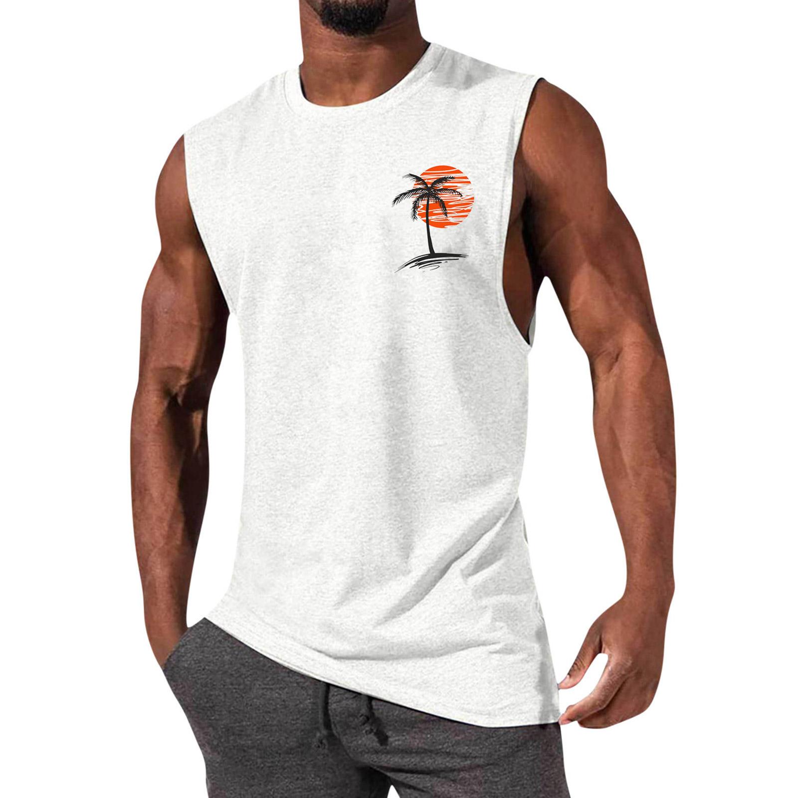 

Men Sleeveless Muscle Shirt Crew Neck Cotton Tank Top Relaxed Fit Casual Athletic Tree Print XL білий