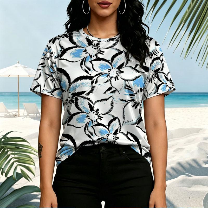 Women's Eye-catching Floral Print Short Sleeve T-Shirt Street Casual, Comfortable, Versatile for Daily Commute, Summer Beach & Campus Outfit