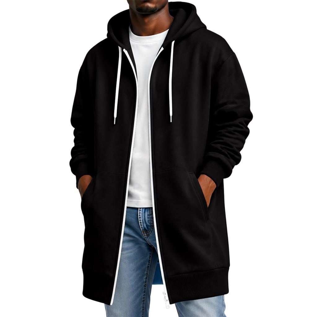 Men's Long Sleeve Longline Hooded Jacket with Double Zipper and Pockets