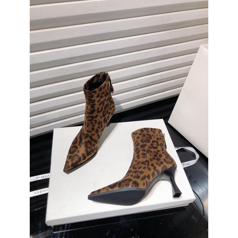 New Spice Girls Sexy Leopard Print Pointed Suede Skinny Heel Short Boots Skinny Boots Women's High Heel Fashion Boots