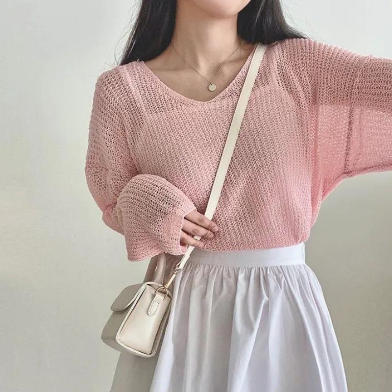 V-neck Fashion Loose Pullover Knitted Sweater Thin Sunscreen Blouse Women Long Sleeve Cover Up 2025 New Elegant Solid Knitwear Korean Solid Color Top
