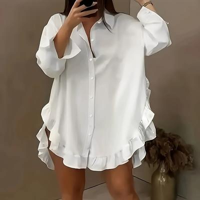 New European Size Women's Clothing Solid Color Loose Ruffle Edge Hem Loose Shirt