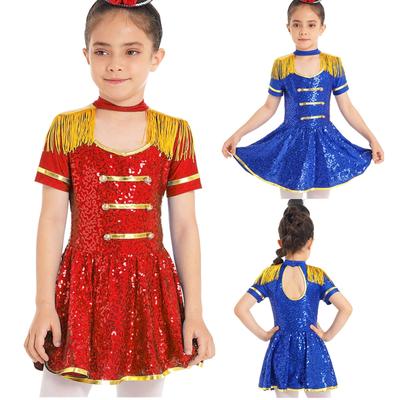 Girls Circus Honor Guard Costume Sequin Gold Tassel Design Epaulets Shiny Performance Dress Up Party Outfit
