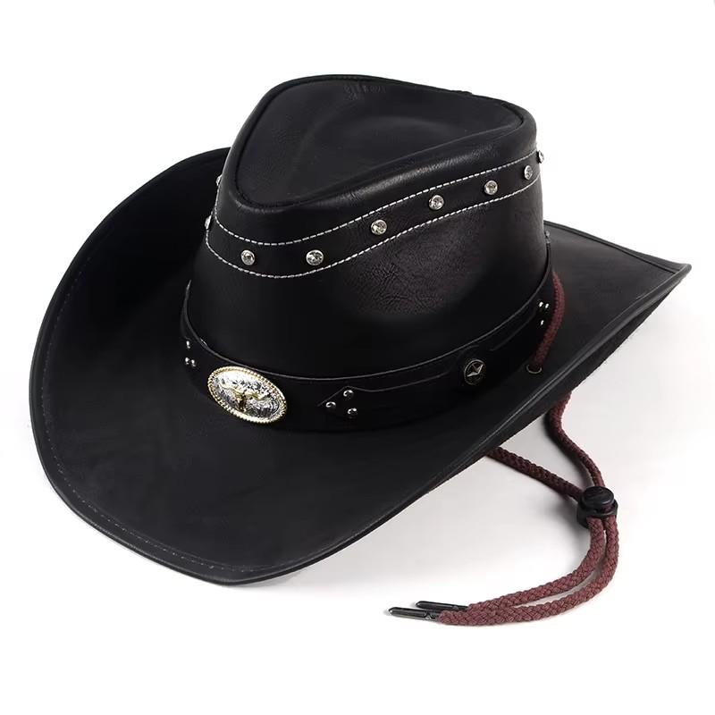 Classic Western Men's Cowboy Hat Women Cowgirl Cap Faux Leather Black Outdoor Gentleman Sombrero Hombre With Windproof Rope