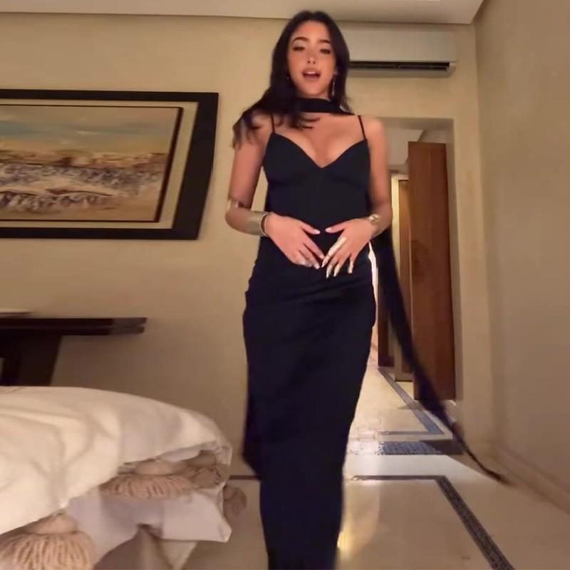 2026 Black V-Neck Sleeveless Wrap Tie Slim Fit Maxi Dress Women Elegant Casual Party Wear XS