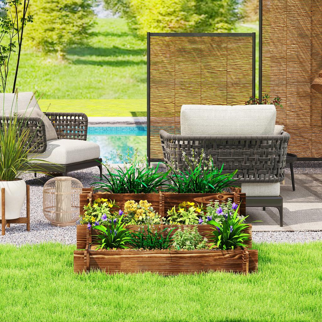 3-Level Garden Bed with Ladder Design and Non-Woven Fabric for Crops Flowers 93x93x35 Cm Charred