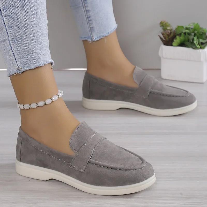 Fashion New Round Head Suede Flat Bottom Light Mouth Single Shoes, Women's Low-top Solid Color Lazy Loafers