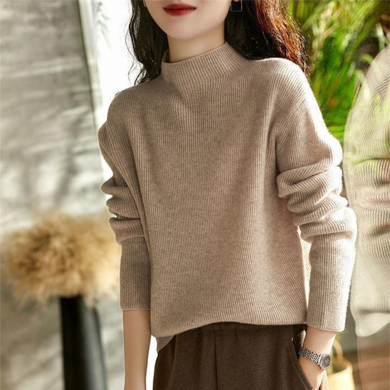 Solid Color Casual Versatile Pullover Sweater with Women's Autumn and Winter New Thin Semi-turtleneck Knitted Bottoming Shirt Top Tide
