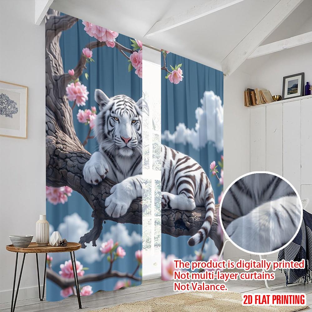 2pcs 2D Flat Printing Curtains Elegant White Tiger Polyester Without Electricity Party Decorations Use for All Occasions