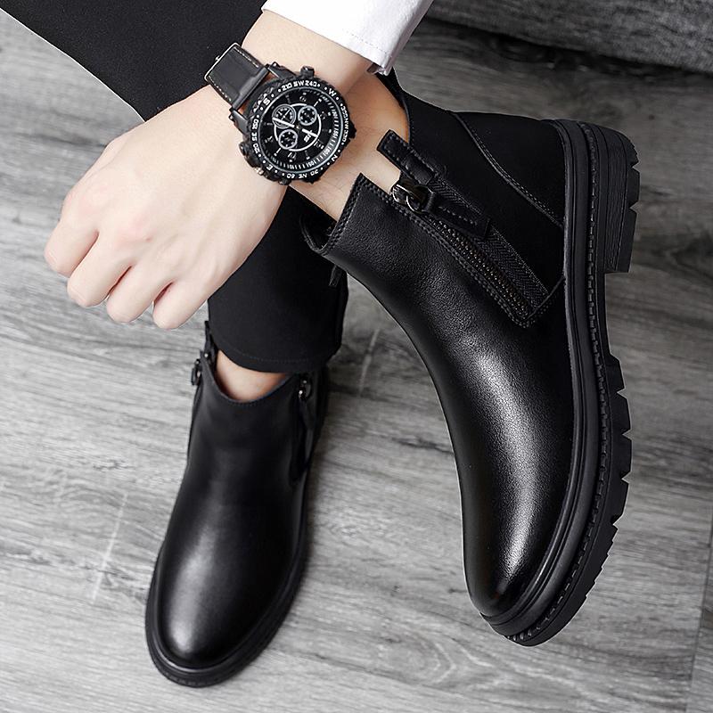 Fashion Side Zipper Male Motorcycle Boots Handmade Mens Sneakers Genuine Leather Men Winter Plush Snow Boots Men Casual High Top Shoes