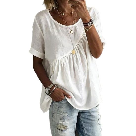 

Женская футболка с круглым вырезом, коротким рукавом, с оборками, вставками, однотонная, свободного кроя, летние повседневные топы S белый