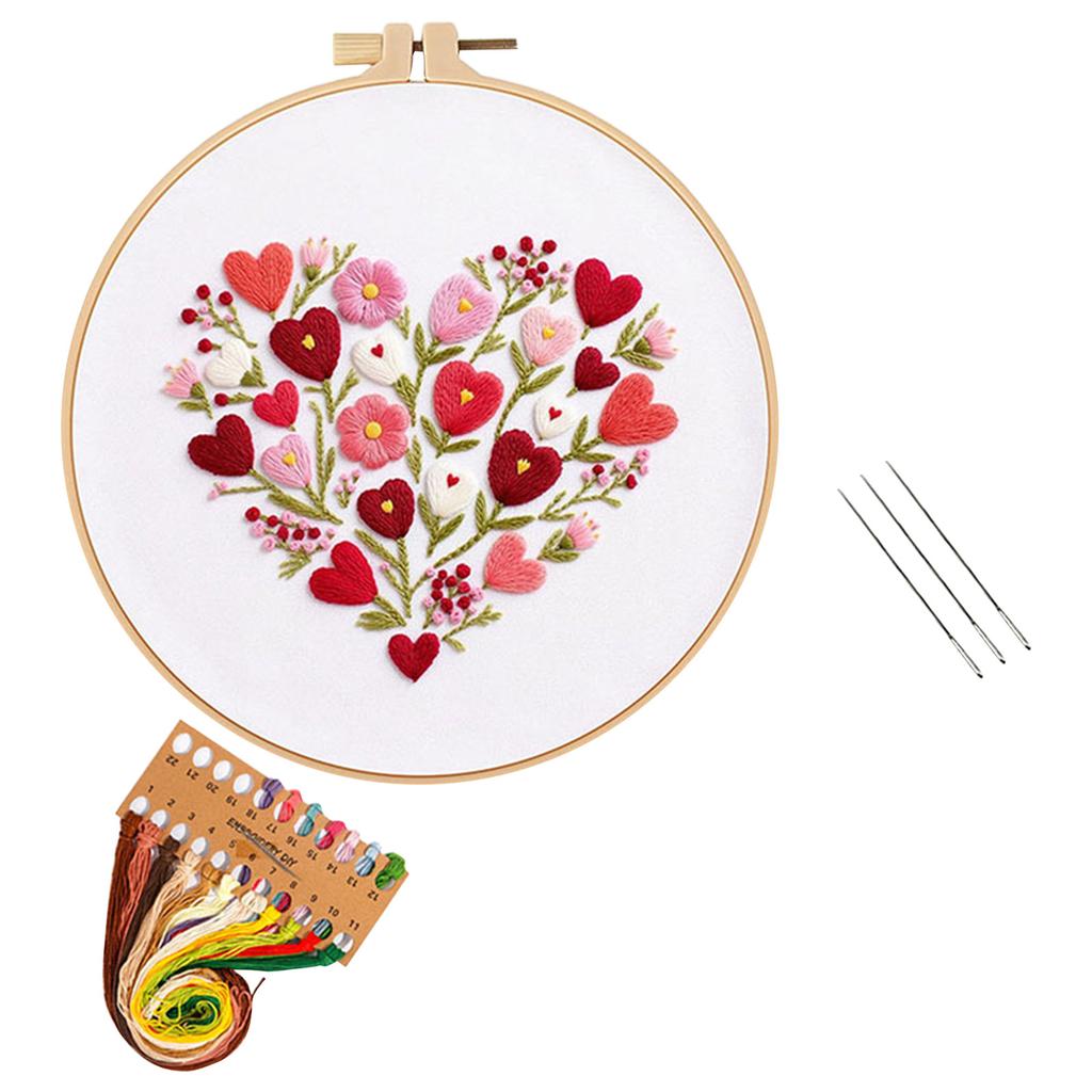 Valentine's Day Floral Embroidery DIY Craft Kit (Suitable For Beginners), 20cm - - Embroidery Hoop (Not A Pre-made 30cm Fabric Embroidery Hoop)