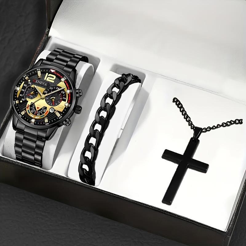 Watch Men'S Calendar Steel Strap Large Dial Simple Bracelet Cross Necklace Set