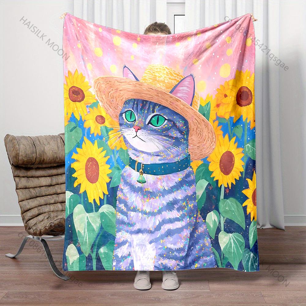6 Style Sunflower Cat in Ink Style Print Warm Comfortable Blanket Home Travel Camping for Adults and Kids Luxury for Gifts