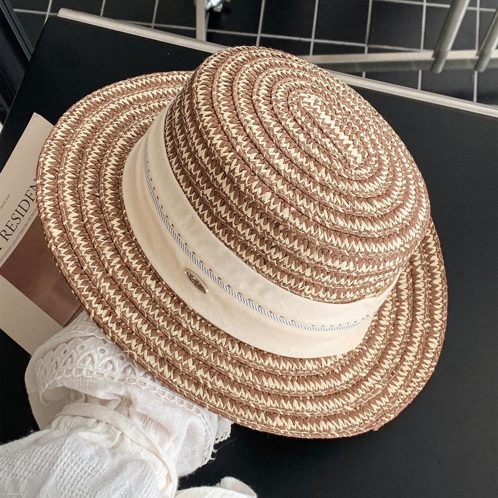 French retro flat top straw hat women's summer seaside beach vacation sun hat sunshade sun protection hat straw top hat