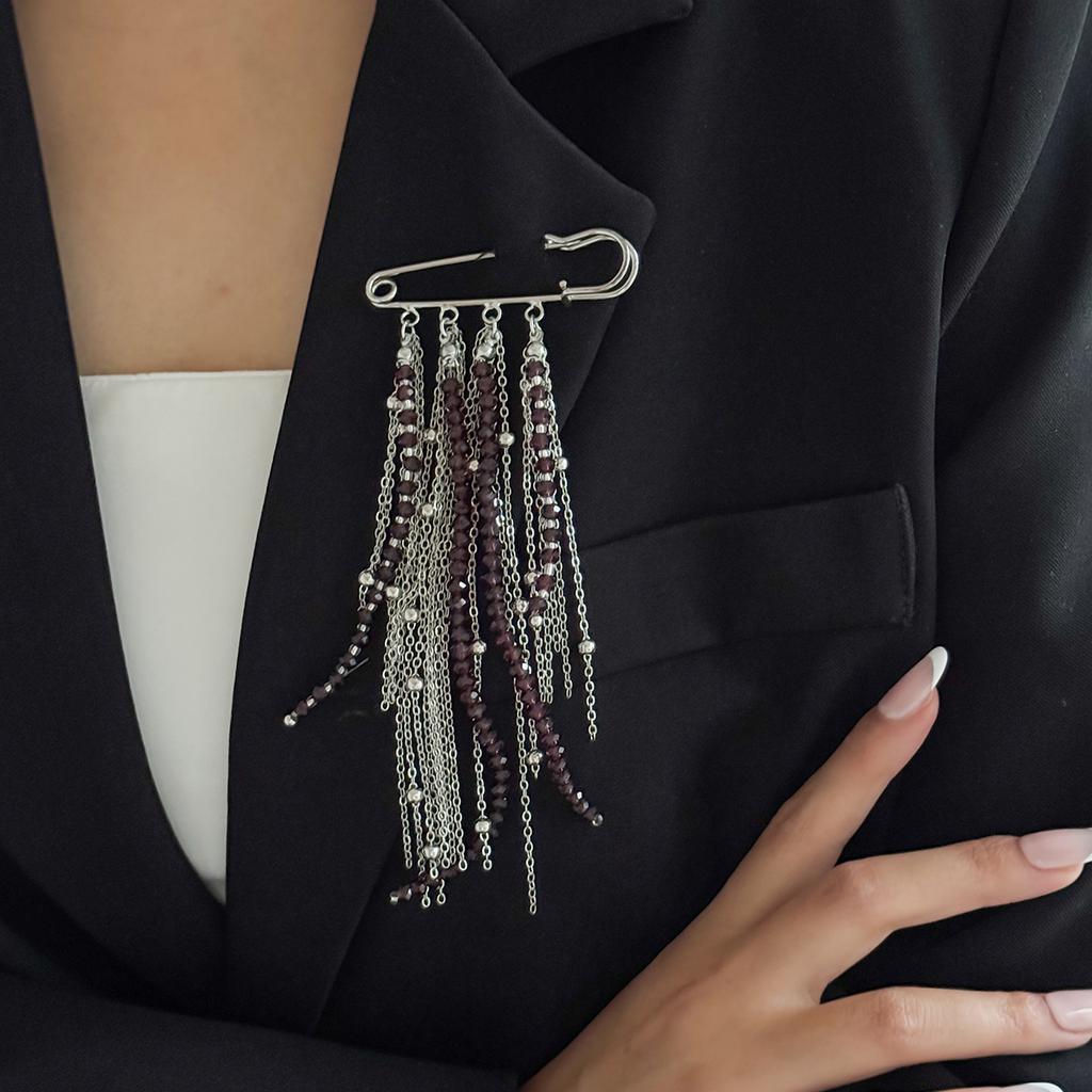 Ingemark Trendy Acrylic Beads Pendant Brooch for Women Vintage Silver Color Metal Tassel Dress Suit Collar Pins Clip New Jewelry